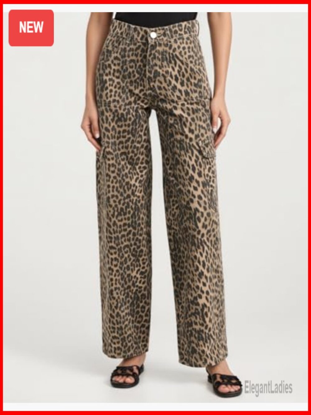 Women's Leopard Print Cargo Jeans Straight Leg Baggy Boyfriend Fit with Pockets - Picture 2 of 7